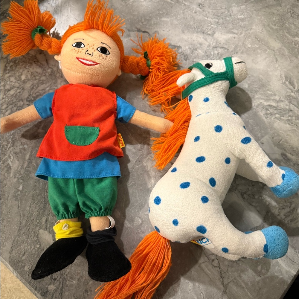 Swedish Pippi Longstocking and Little Gubben Stuffed Doll and Animal Set